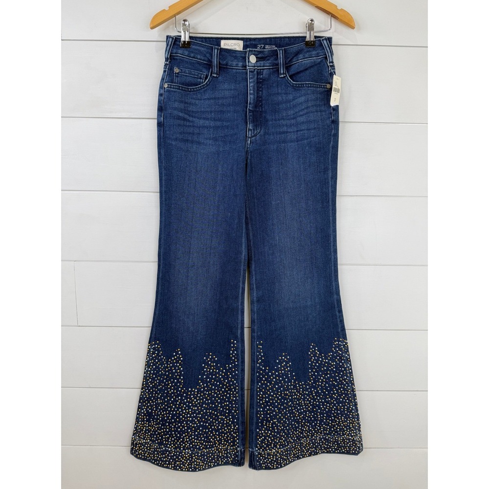 NWT Pilcro Anthropologie Retro Studded Low-Rise Flare Jeans 27 - Picture 2 of 12
